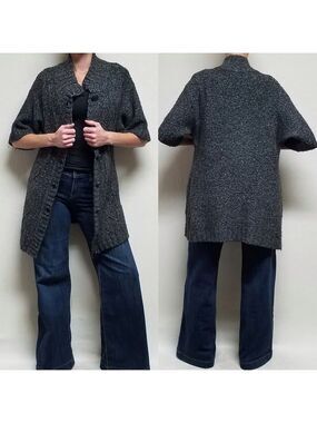 Vintage 90s Jones New York Grey Marbled Corded Knit Mock Neck Button Up Cardigan